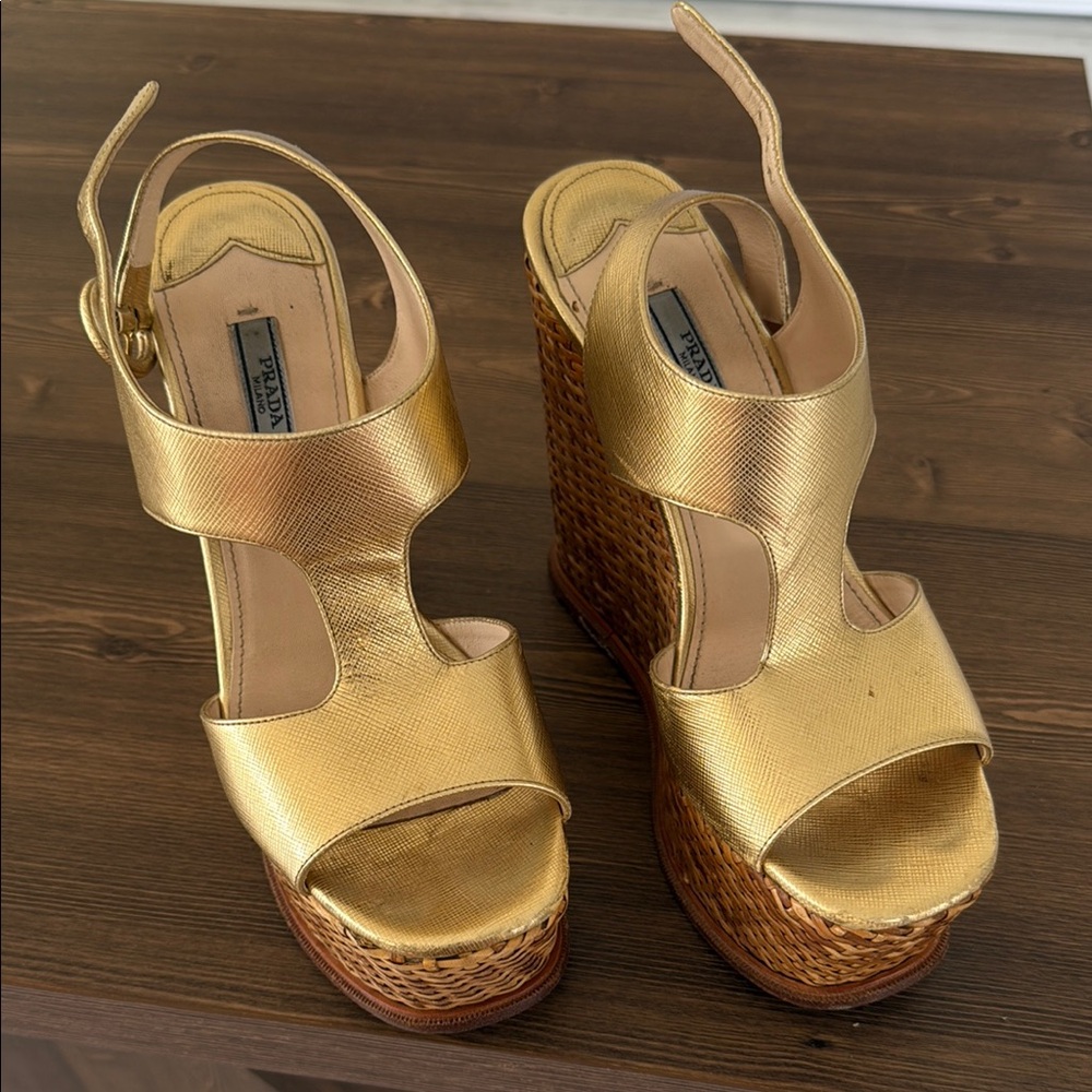 Prada Gold and Brown Wedges with Cork Heel